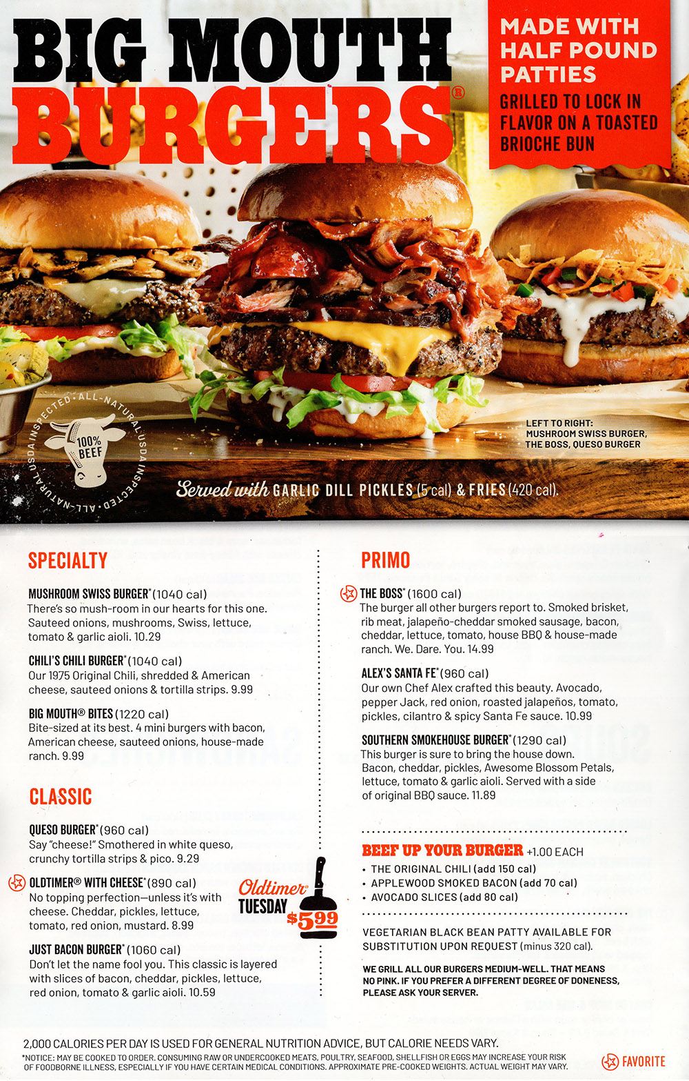 Chili's  Menu - Lincoln Nebraska - Provided by Metro Dining Delivery
BURGERS
SERVED WITH HOMESTYLE FRIES. 
CHOOSE CLASSIC SMASHED BEEF PATTY (390 CAL), 
100% GRASS-FED BEEF PATTY (420 CAL) (ADD 1.00), 
TURKEY PATTY (200 CAL) OR BLACK BEAN PATTY (190 CAL) 

SUNRISE BURGER' (1510 cal) Grass-Fed Beef Patty, cage-free fried egg, Monterey Jack, bacon, lettuce, red onion & tomato with Chili's Signature sauce. 11.99 

ULTIMATE BACON BURGER' (1410 cal) Double bacon, cheddar, pickles, lettuce, red onion, tomato, jalapeno aioli, spicy Buffalo sauce & honey-chipotle sauce. 10.99 

SOUTHERN SMOKEHOUSE BURGER* (1520 cal) Bacon, cheddar, pickles, spiced panko onion rings, lettuce, tomato & Chili's Signature sauce. Served with a side of Chili's classic BBQ sauce. 10.99
 
GUACAMOLE BURGER' (1240 cal) Guacamole, provolone, jalapenos, red & green bell peppers, caramelized onions & cumin-lime sour cream. 9.79 

OLDTIMEIVWITH CHEESE' (1140 cal) Pickles, lettuce, tomato, red onion & mustard. 8.79 

CLASSIC BACON BURGER' (1270 cal) Cheddar, bacon, pickles, lettuce, tomato, red onion & Chili's Signature sauce. 9.99 

BIG MOUTH° BITES (1640 cal) 4 mini burgers with bacon, American cheese, onions & house-made ranch. 9.79 

SANDWICHES 
SERVED WITH HOMESTYLE FRIES. 

CALIFORNIA TURKEY CLUB TOASTED SANDWICH (1480 cal) Thinly sliced turkey, applewood smoked bacon, sliced avocado, tomato & red onion with provolone, lettuce & mayo on wheat Texas toast. 9.29 

BACON AVOCADO CHICKEN SANDWICH (1590 cal) Grilled chicken breast topped with applewood smoked bacon, provolone, sliced avocado, sauteed onions, lettuce mix, tomato & cilantro pesto mayo on a toasted buttery roll. 10.29 

GRILLED CHICKEN SANDWICH (1090 cal) Chicken breast with applewood smoked bacon, sliced tomato, lettuce, provolone & honey-mustard. 9.29 

BUFFALO CHICKEN RANCH SANDWICH (1250 cal) Crispy chicken with spicy Buffalo sauce, sliced tomato, lettuce & house-made ranch. 8.99 

CLASSIC TURKEY TOASTED SANDWICH (1290 cal) Thinly sliced turkey with lettuce, sliced tomato, provolone & mayo on wheat Texas toast. 7.99 

LIGHTER CHOICES 
ALL THE FLAVOR FOR 610 CALORIES OR LESS. 

6 OZ. CLASSIC SIRLOIN* WITH GRILLED AVOCADO (420 cal) 100% USDA Choice sirloin with Chili's seasoning & drizzled with spicy citrus-chile sauce, topped with grilled avocado slices, garlic roasted tomatoes & chopped cilantro. Served with fresco salad. 12.99 

MARGARITA GRILLED CHICKEN (610 cal) Margarita grilled chicken breast topped with house-made pico de gallo & tortilla strips. Served with citrus-chile rice & black beans. 11.49 

ANCHO SALMON (590 cal) Seared chile-rubbed Atlantic salmon drizzled with spicy citrus-chile sauce & topped with chopped cilantro & queso fresco. Served with citrus-chile rice & steamed broccoli. 14.99 

GRILLED CHICKEN SALAD (440 cal) Grilled chicken breast with fresh diced tomatoes, house-made corn & black bean salsa, 3-cheese blend & honey-lime vinaigrette. 9.49 

2,000 calories per day is used for general nutrition advice, but calorie needs vary. 

NOTICE: IF YOU HAVE A FOOD OR NUT ALLERGY, PLEASE SPEAK TO THE MANAGER OR YOUR SERVER. BECAUSE ROUTINE FOOD PREPARATION TECHNIQUES, SUCH AS COMMON OIL FRYING, MAY ALLOW CONTACT AMONG VARIOUS FOOD ITEMS, WE CANNOT GUARANTEE ANY FOOD ITEMS TO BE COMPLETELY ALLERGEN-FREE. 