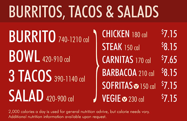 Chipotle Mexican Grill South Menu pg 1
BURRITOS, TACOS & SALADS
BURRITO 740-1210 cal
BOWL 420-910 cal
3 TACOS 390-1140 cal
SALAD 420-900 cal
CHICKEN 180 cal $7.15
STEAK 150 cal $8.15
CARNITAS 170 cal $7.65
BARBACOA 210 cal $8.15
SOFRITAS 150 cal $7.15
VEGIE 230 cal $7.15
}
v
v
2,000 calories a day is used for general nutrition advive, but calorie needs vary.
Additional nutrition information available upon request.