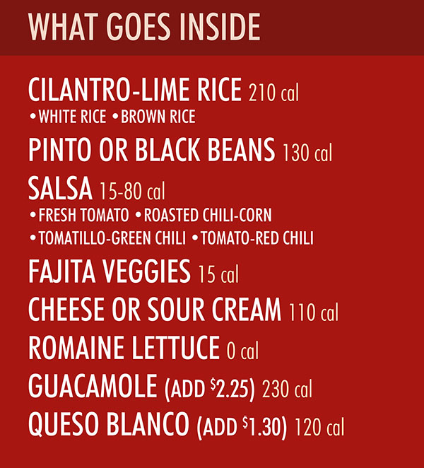 Chipotle Mexican Grill Downtown Menu pg 2
WHAT GOES INSIDE
CILANTRO-LIME RICE 210 cal
• WHITE RICE • BROWN RICE
PINTO OR BLACK BEANS 130 cal
SALSA 15-80 cal
• FRESH TOMATO • ROASTED CHILI-CORN
• TOMATILLO-GREEN CHILI • TOMATO-RED CHILI
CHEESE OR SOUR CREAM 110 cal
GUACAMOLE (ADD $2.25) 230 cal
QUESO BLANCO (ADD $1.30) 120 cal