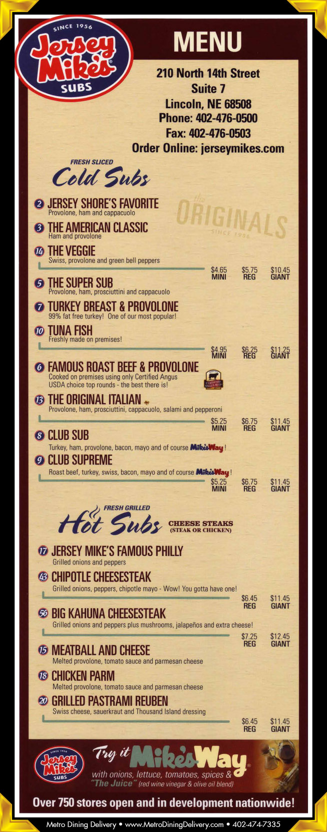 Jersey Mike's Subs Menu 4024760500 Lincoln NE Provided by Metro