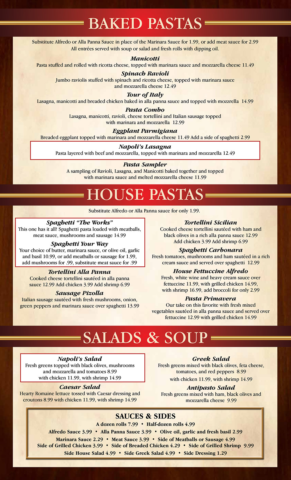 Napoli&#039;s Italian Restaurant South | Dinner Menu | Delivery | Order