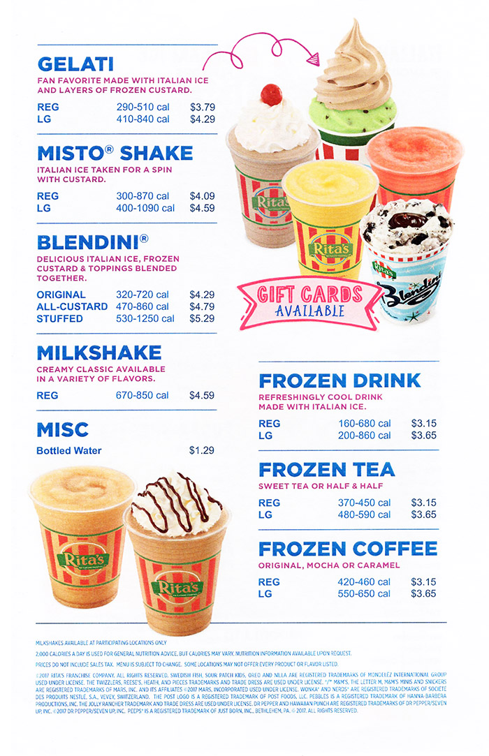 Rita's Ice Custard Menu Lincoln Nebraska